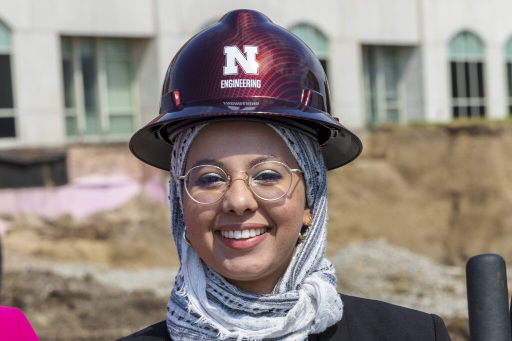 Noha Algahimi, a senior in chemical engineering, represented College of Engineering students for the Kiewit Hall groundbreaking of the new College of Engineering building. June 28, 2021 Photo by Craig Chandler / University Communication